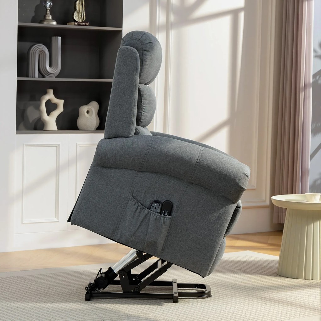 HOMCOM Fotel masujący z funkcją ułatwiającą wstawanie, fotel relaksacyjny, głowice wibracyjne, z funkcją odchylania, wygląd lnu, szary | Aosom PL
