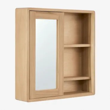 Szafka Ścienna Kwadratowa 60x60 Cm Do Łazienki Z Drewna Tekowego Z Prostokątnym Lustrem Ian Jasne Drewno Tekowe - Sklum