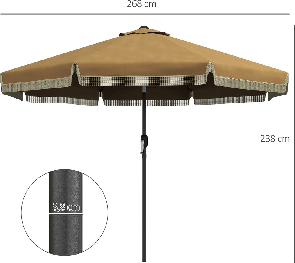 Outsunny Parasol z Ozdobnymi Frędzlami, Ø265 cm, Nachylany, Dwuczęściowy Metalowy Maszt, Wentylacja, Khaki/Czarny