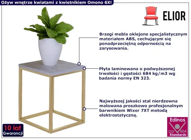 Minimalistyczny kwietnik z metalowym stelażem złoty + beton Fillo 4X