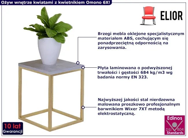 Minimalistyczny kwietnik z metalowym stelażem złoty + beton P2-W45