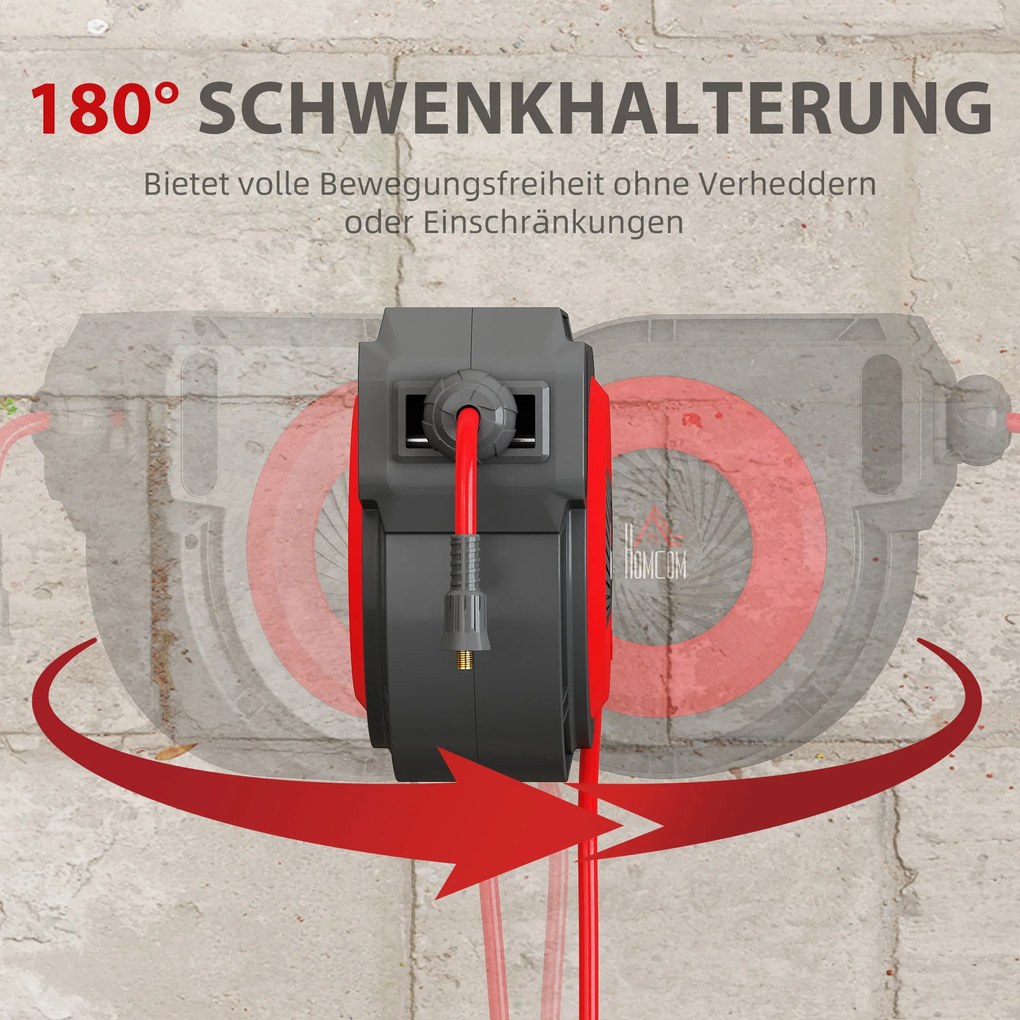 HOMCOM Bęben na wąż z mechanizmem zwijania, 16,5 m długi wąż, montaż ścienny, Czerwony+Czarny