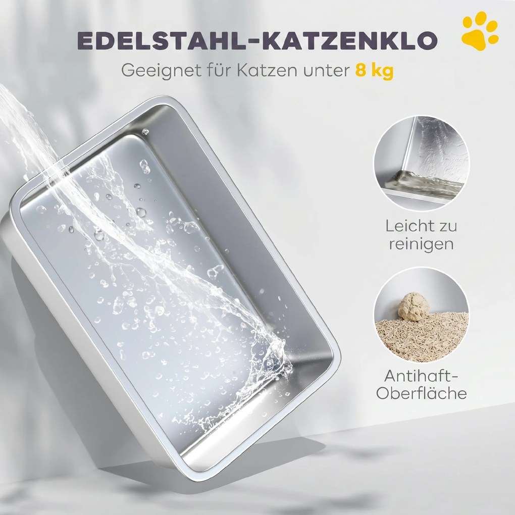 PawHut Kuweta dla kota z pokrywą, łopatka do żwirku, wejście z przodu i wyjście u góry, stal nierdzewna, do 8 kg | Aosom PL