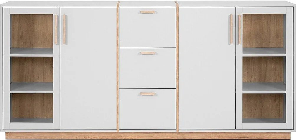 Komoda 4-drzwiowa z 3 szufladami w kolorze białym z wykończeniem w drewnie, szerokość 204 cm – SPLIT