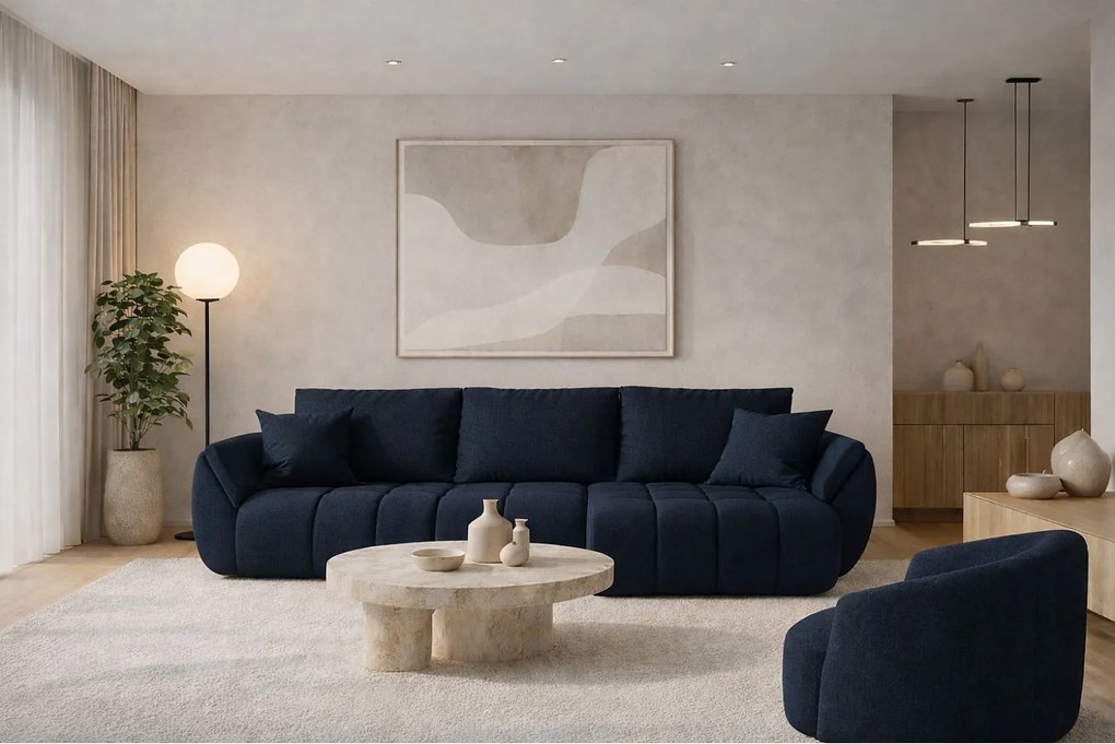 Narożnik z funkcją spania i pojemnikiem TOKYO PREMIUM, tkanina Wind, Ciemnoniebieski, Prawy