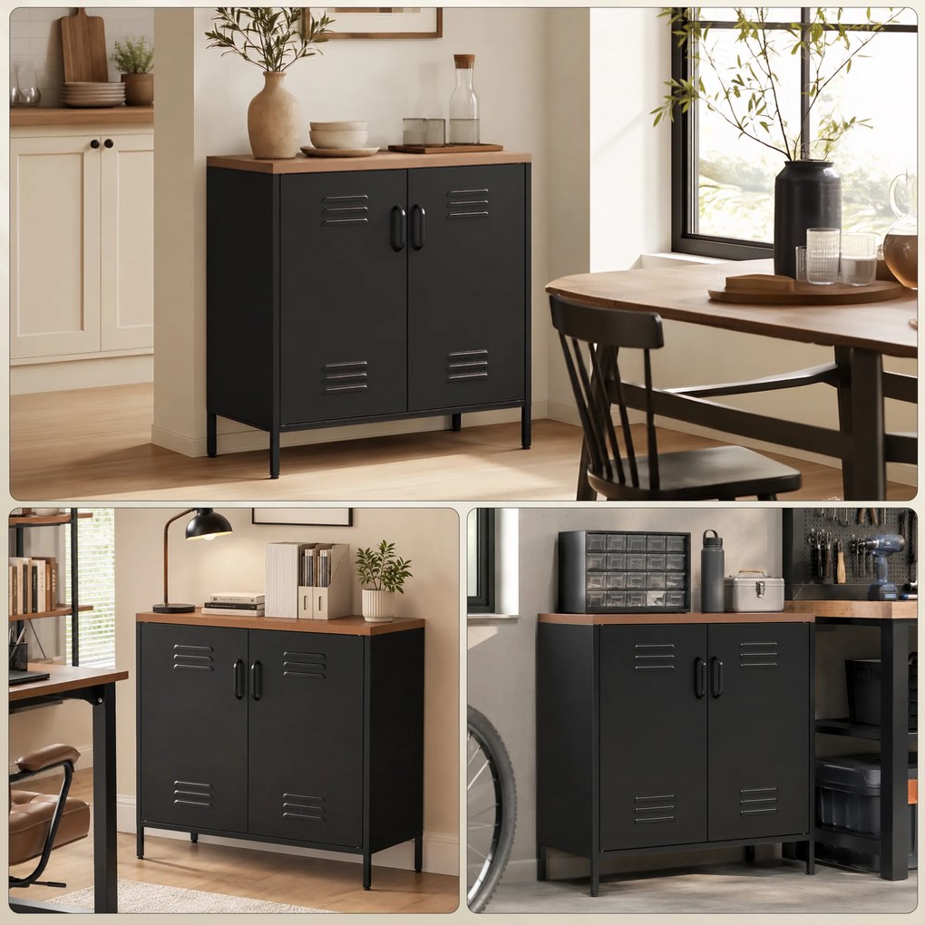 HOMCOM Metalowe sideboard, 80x40x80 cm, przemysłowa szafka do przechowywania z 2 drzwiami i regulowaną półką do salonu, biura, Czarny | Aosom PL