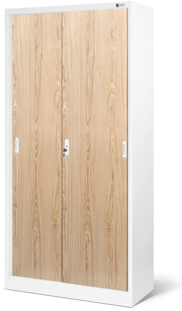 Szafa metalowa biurowa z drzwiami przesuwnymi biała/dąb sonoma, 900x1850x400 mm: KUBA Eco Design