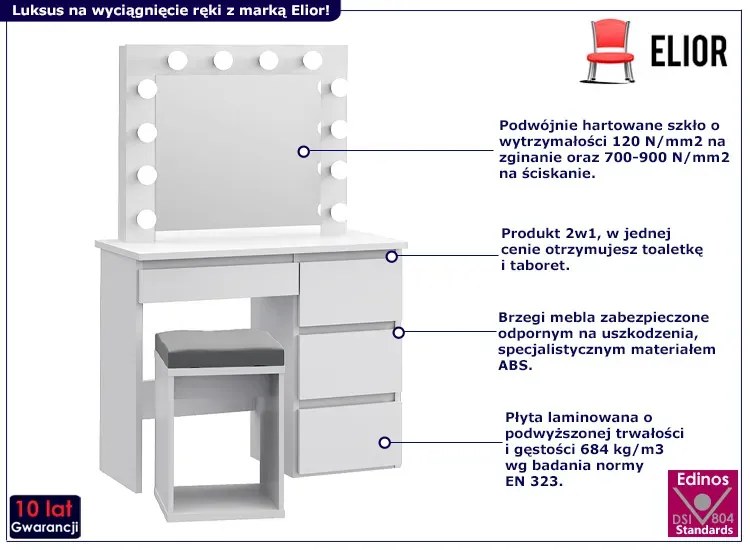 Białe biurko toaletka z oświetleniem LED i taboretem - Eldrid
