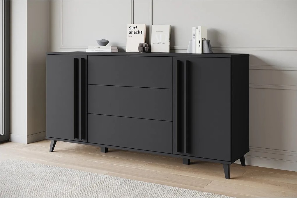 Komoda 150 cm na nóżkach do salonu – nowoczesna z 3 szufladami i 2 szafkami, mat czarny grafit