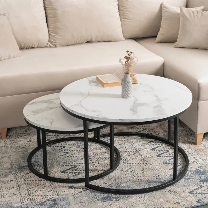Zestaw Stolików Kawowych DAFNE MAX 60 cm/80 cm Biały Marmur Glamour