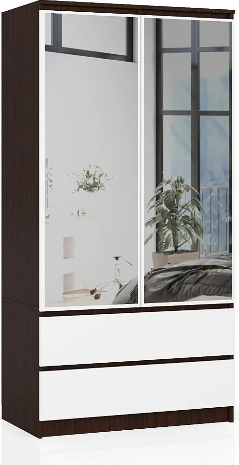 Szafa AKORD S90 Wenge 90 cm z lustrem 2 drzwi 2 szuflady kolor Biały mat 4 półki 90x51x180 cm