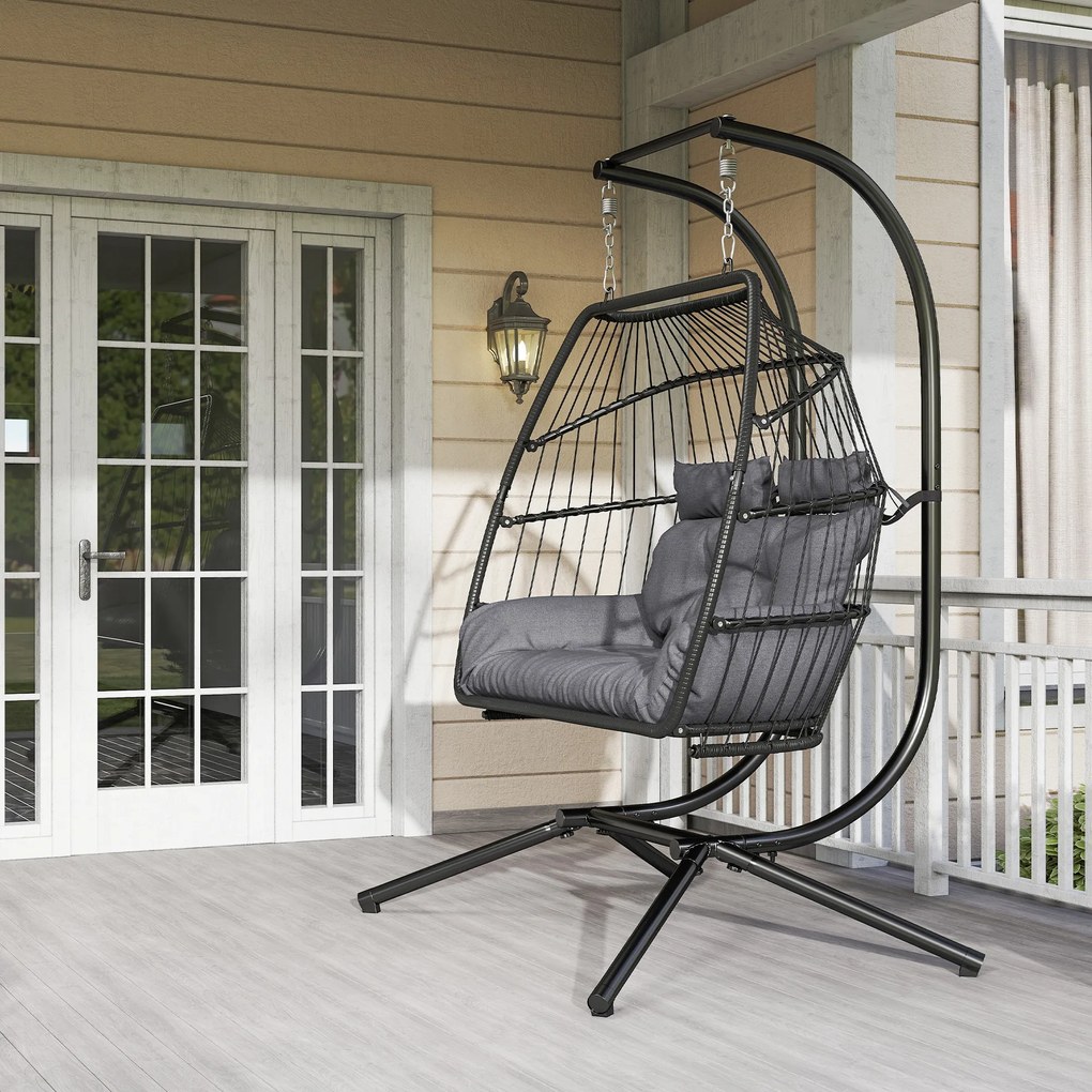 Outsunny Fotel Wiszący z Rattanu, Składana Konstrukcja z Poduszką, Stelaż Stalowy, Do Wewnątrz i Na Zewnątrz, Do 260 kg, Ciemnoszary