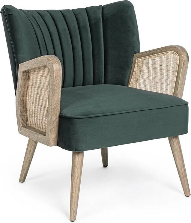 Fotel z tkaniny z efektem aksamitu w kolorze zielonym, drewniane nogi i podłokietniki - VIRNA