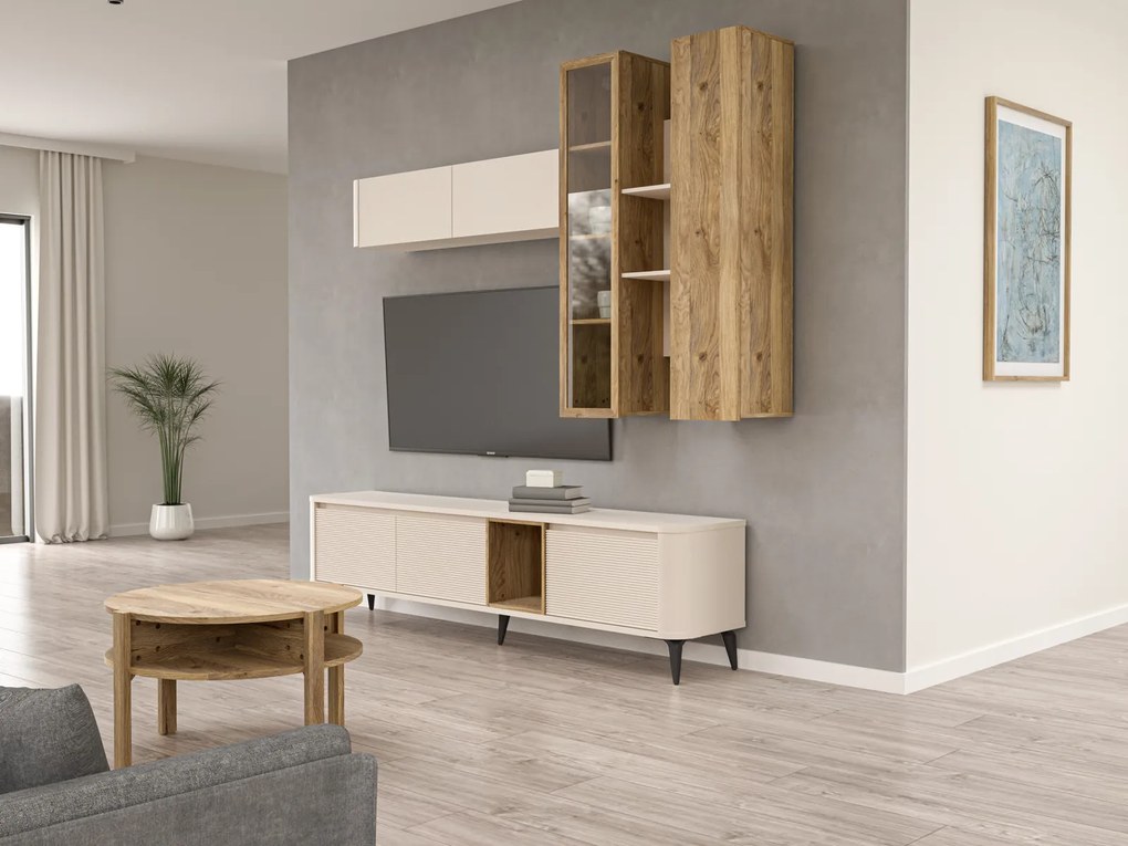 Szafka RTV Breathtaker 220 cm, piaskowy/dąb Mauvella