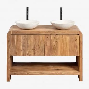 Zestaw Mebli Łazienkowych Z Drewna Vacry Akacja Brąz & 2 X Okrągły Biały Cement Ø40 Cm Zavion & Bezlusterkowiec - Sklum