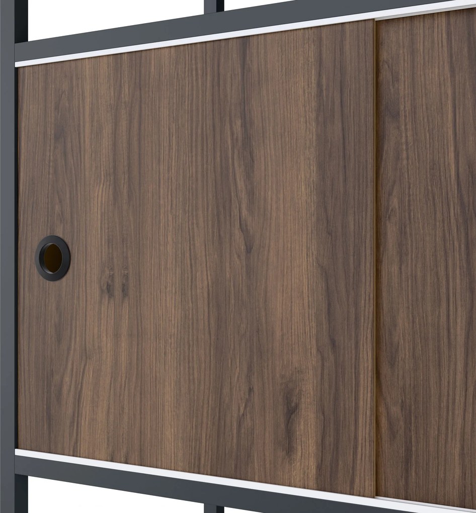 Regał na segregatory z szafką zamykaną, biurowy, otwarte półki, metalowy antracytowy/orzech, 800x2200x400 mm: ARIEL Eco Design