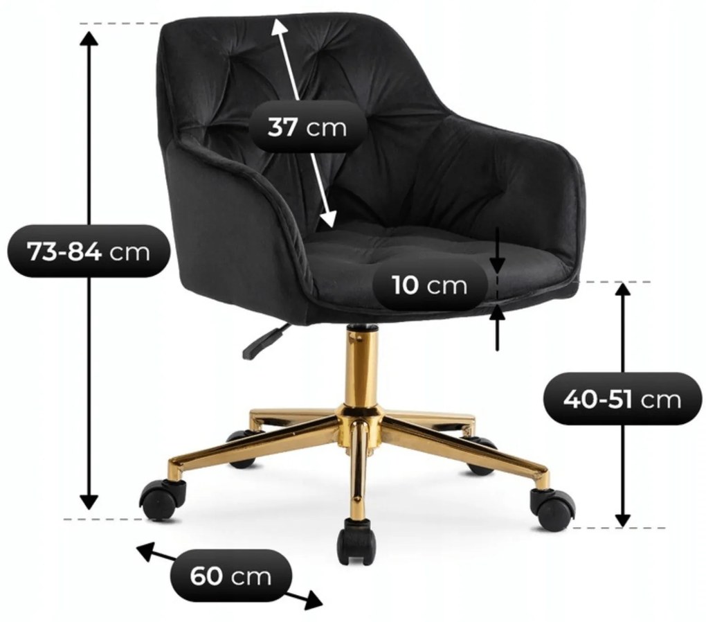 Fotel Młodzieżowy Obrotowy KONOR Czarny Ze Złotymi Nogami Welurowy Nowoczesny Glamour