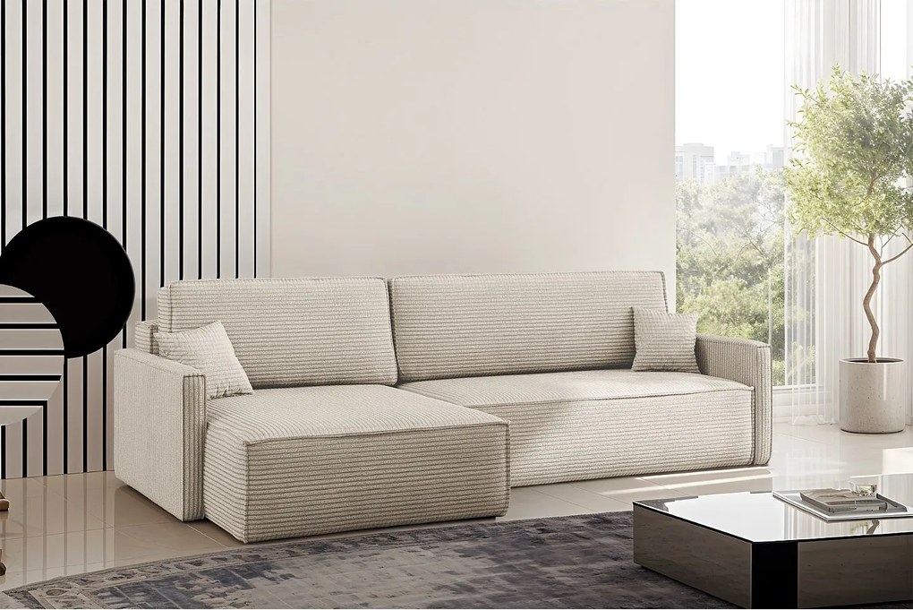 Narożnik z funkcją spania i pojemnikiem w kształcie L Carlos, tkanina Poso, Beżowy, Lewy