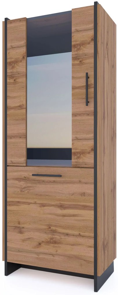 Wysoka szklana witryna do salonu i jadalni dąb wotan + czarny N6-N93