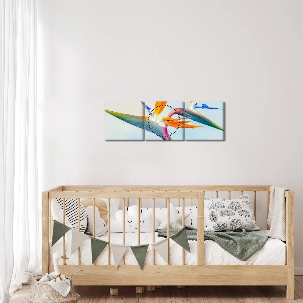 Obraz kwiatu Strelicji (z zegarem) (90x30 cm)