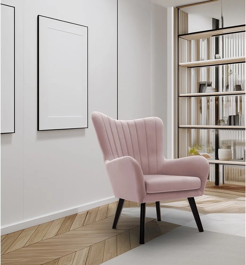 Fotel TED z tkaniny Velluto, wysoka oparcie, szerokie siedzisko, czarne nogi, pionowe przeszycia, 76x78x100 cm, pudrowy róż