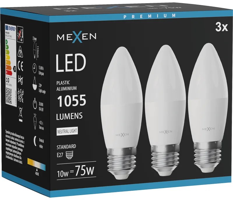 Mexen Nova 3x żarówka LED E27, C37, 10W, Neutralna - 4000K, 1055 lm - L102-E27-1040-01x03