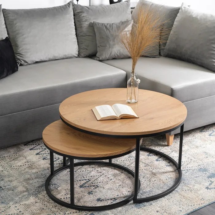 Zestaw Stolików Kawowych DELIA MAX 60 cm/80 cm Dąb Złoty Nowoczesny Loft