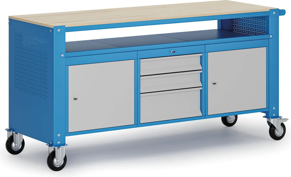 Mobilny stół warsztatowy G9, 1 górna półka, 2 szafki, 3 szuflady, 1690 x 595 x 865-1130 mm, szary/niebieski