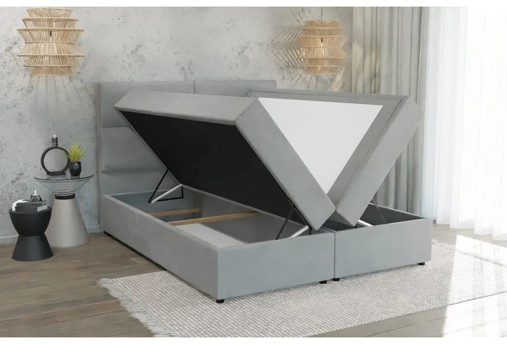 Jasnoszare łóżko boxspring ze schowkiem 140x200 cm Rico – Ropez
