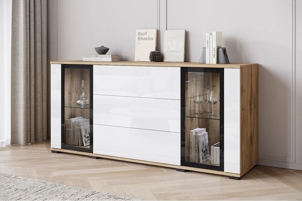 Komoda 150 cm do salonu z LED – nowoczesna witryna z przeszkleniami + szuflady, dąb wotan
