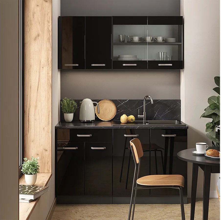 Kuchnia pojedyncza czarny/antracyt o wysokim połysku 140x46x81.6 r-line