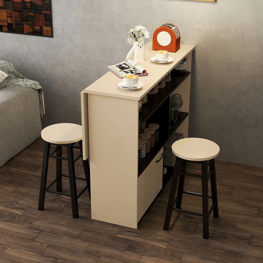 HOMCOM 3-cz. Zestaw Barowy, Bartisch ze Składanym Blatem, 2 Stołki Barowe, 6 Schowków, Czarny+Dąb, 116 x 70 x 89,5 cm