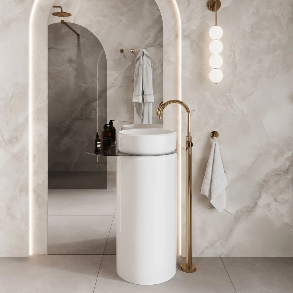 Umywalka z konglomeratu wolnostojąca okrągła z półką szklaną 85 x 40 cm RONA bez przelewu | Różne kolory półki : Kolor szkła - Grafitowy, Kolor umywalki RONA - Biały matowy, Podłączenie syfonu - Do ściany, Półka - Szklana