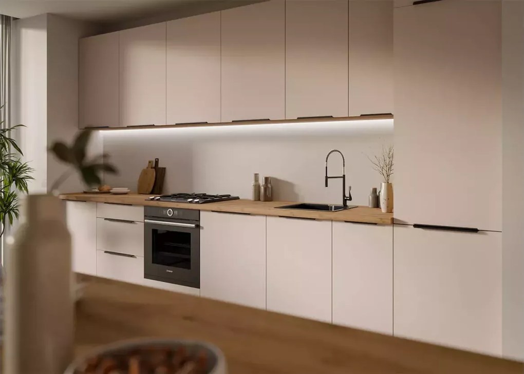 Loseo – komplet kuchenny 390 cm w kolorze kaszmir / dąb artisan z uchwytami czarnymi i systemem cichego domykania