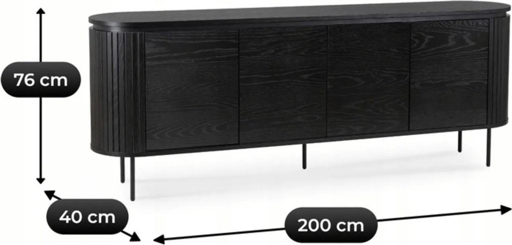 Owalna komoda z ryflowanymi wstawkami Beck 200 cm, czarna