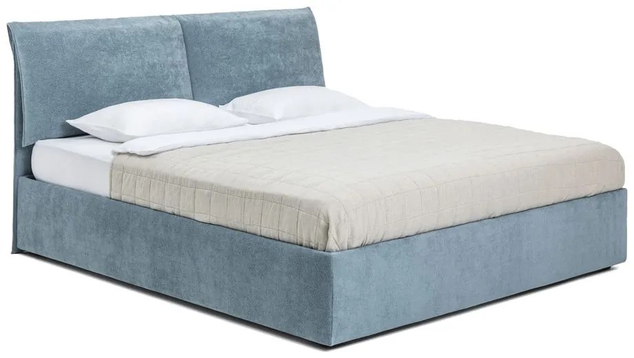 Niebieskie tapicerowane łóżko dwuosobowe ze schowkiem z materacem i stelażem 160x200 cm Thessa Pillow – Bonami Selection