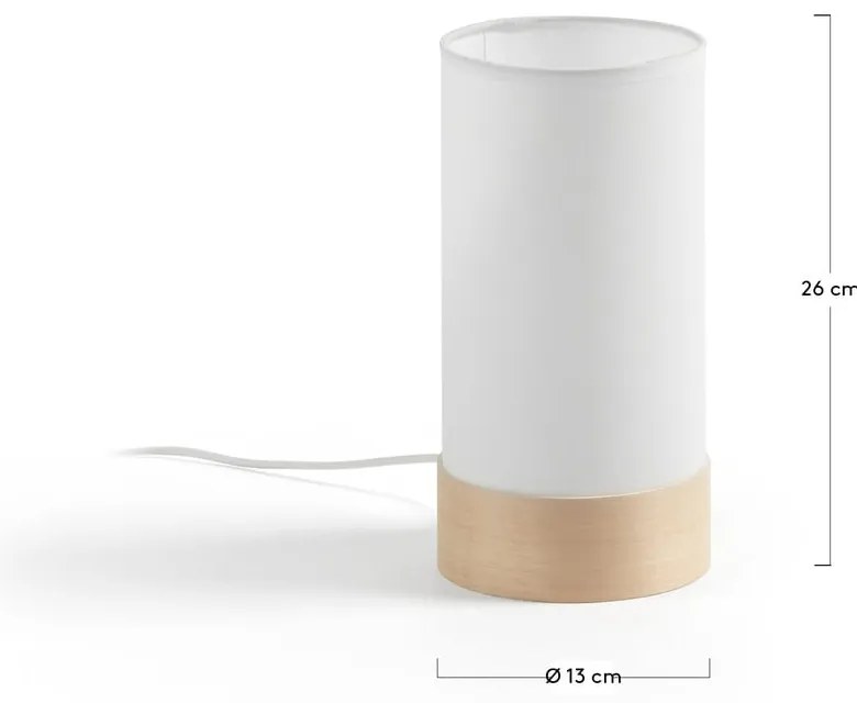 Biało-naturalna lampa stołowa z litego drewna bukowego z tekstylnym kloszem (wysokość 26 cm) Slat – Kave Home