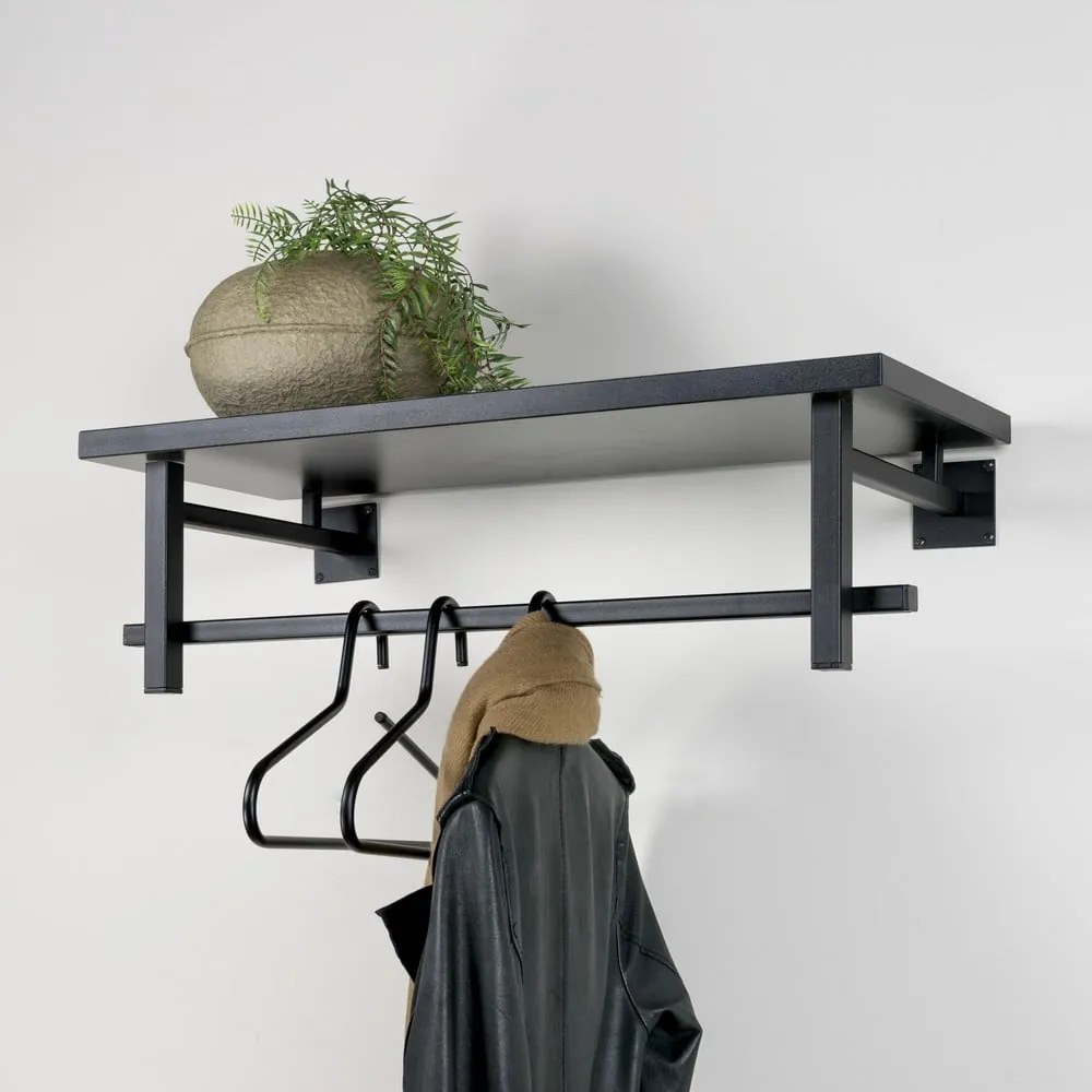 Czarny metalowy wieszak ścienny z półką 76 cm Simplon – Spinder Design