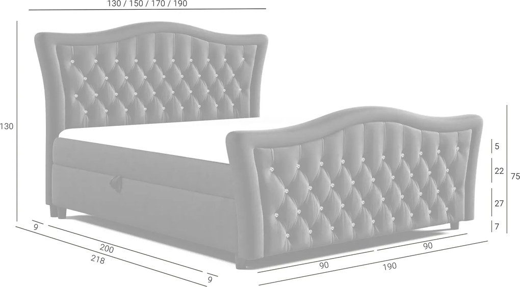 Czarne łóżko kontynentalne z kryształkami 5 rozmiarów Z7-Z21