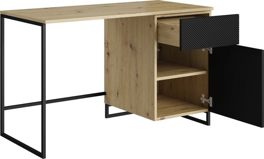 Biurko Asha 120 cm z szufladą - artisan / czarny mat / czarny stelaż