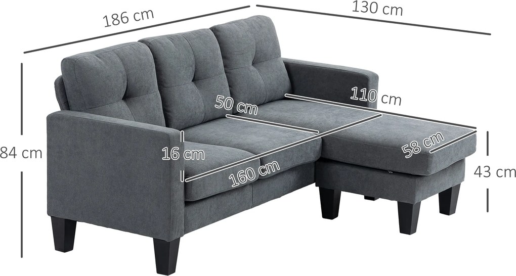 HOMCOM Sofa narożna L z obustronnym szezlongiem, Sofa polstrowana, Ciemnoszara