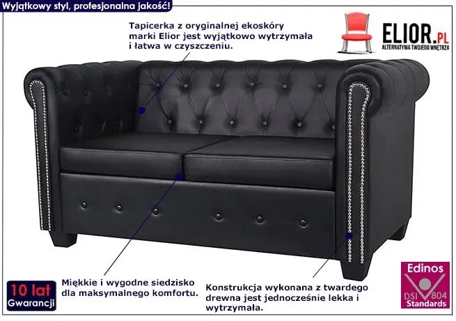 2-osobowa czarna sofa w stylu Chesterfield Berma