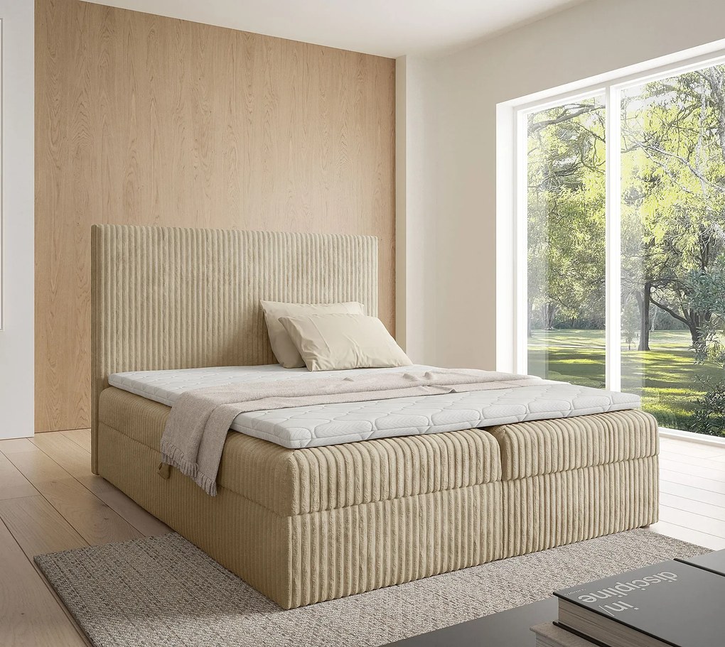 Jasnobrązowe łóżko tapicerowane sztruksem 5 rozmiarów T7-K24