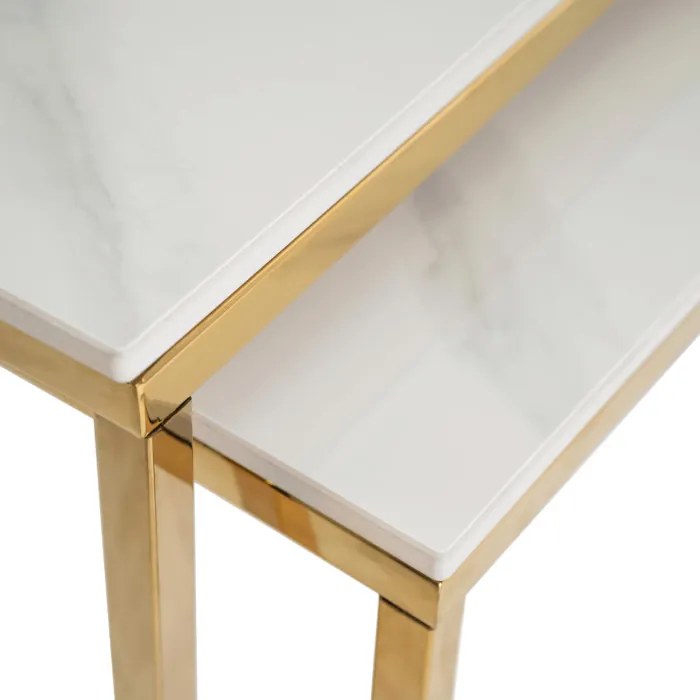 Zestaw Stolików Kawowych TENOR Biały Marmur/Złoty do Salonu Glamour