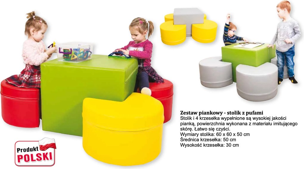Zestaw piankowy do przedszkola - stolik z kolorowymi pufami SitFun