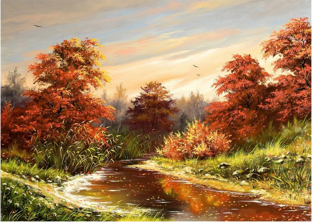 Obraz na szkle rzeki w jesiennym krajobrazie, obraz olejny (70x50 cm)