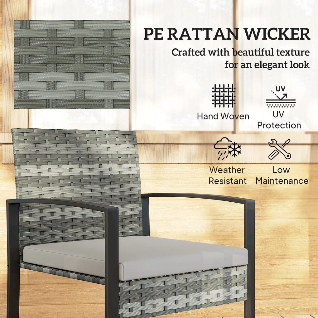 Outsunny Rattan Bistroset, 3-częściowy zestaw mebli ogrodowych z 2 krzesłami ogrodowymi, stolikiem kawowym, zdejmowanymi poduszkami Jasnoszary | Aosom PL