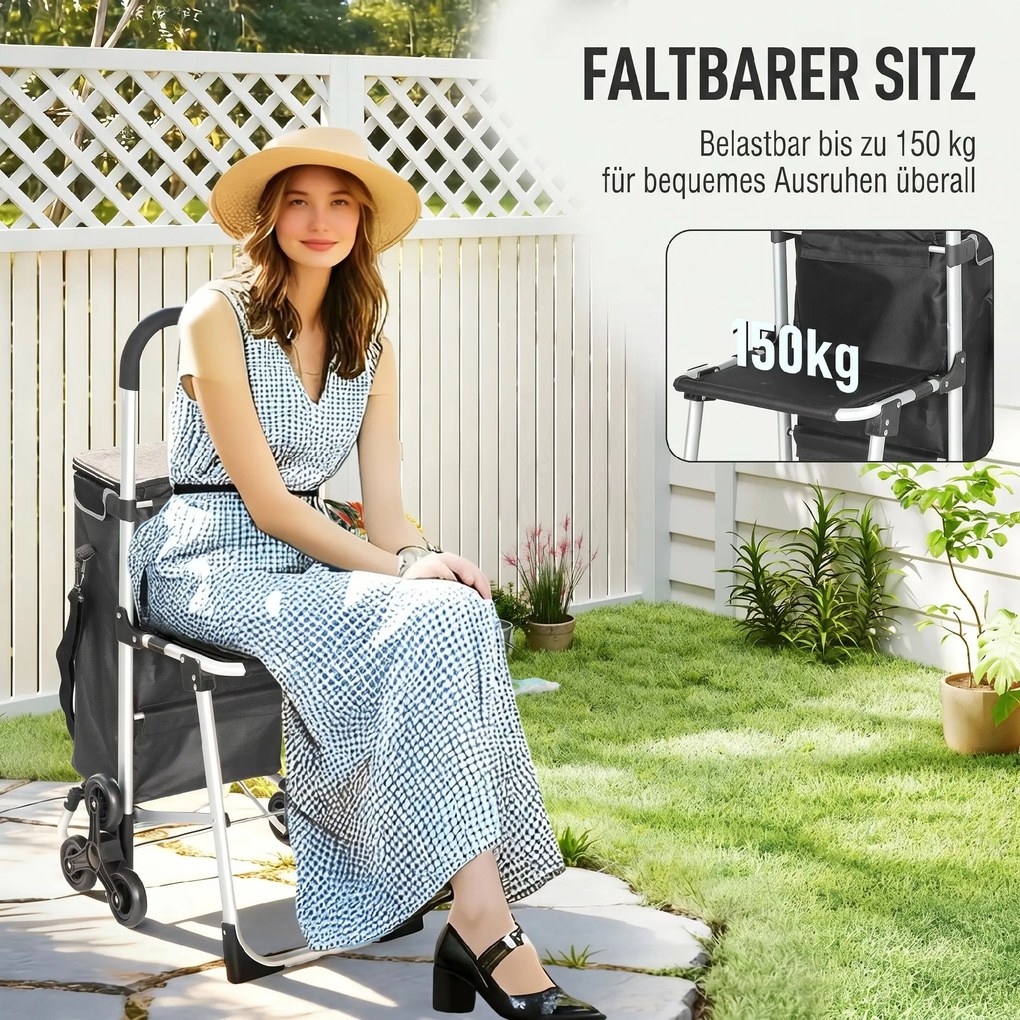 HOMCOM wózek na zakupy, torba Oxford 40 l, design 3 kół, rama aluminiowa, siedzisko, ciemnoszary | Aosom PL