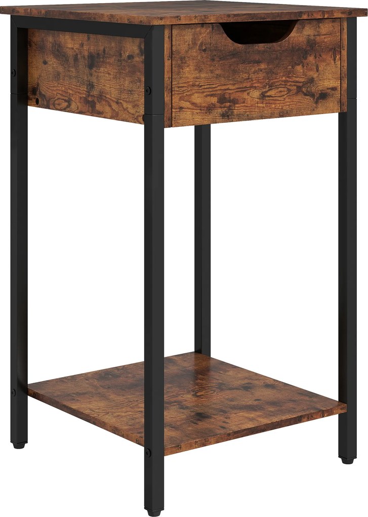 HOMCOM Stolik w stylu industrialnym z szufladą, półką, metalową ramą, drewnem, 40 x 40 x 68 cm, Brązowy