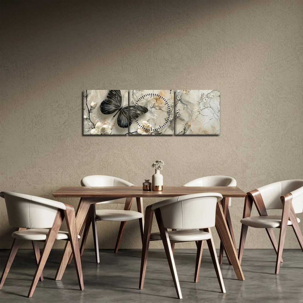 Obraz - Marmurowe tło z motylami (z zegarem) (90x30 cm)